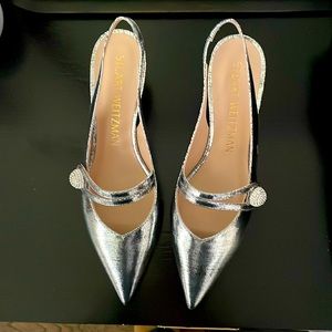 Stuart Weitzman sling back kitten heels (silver)